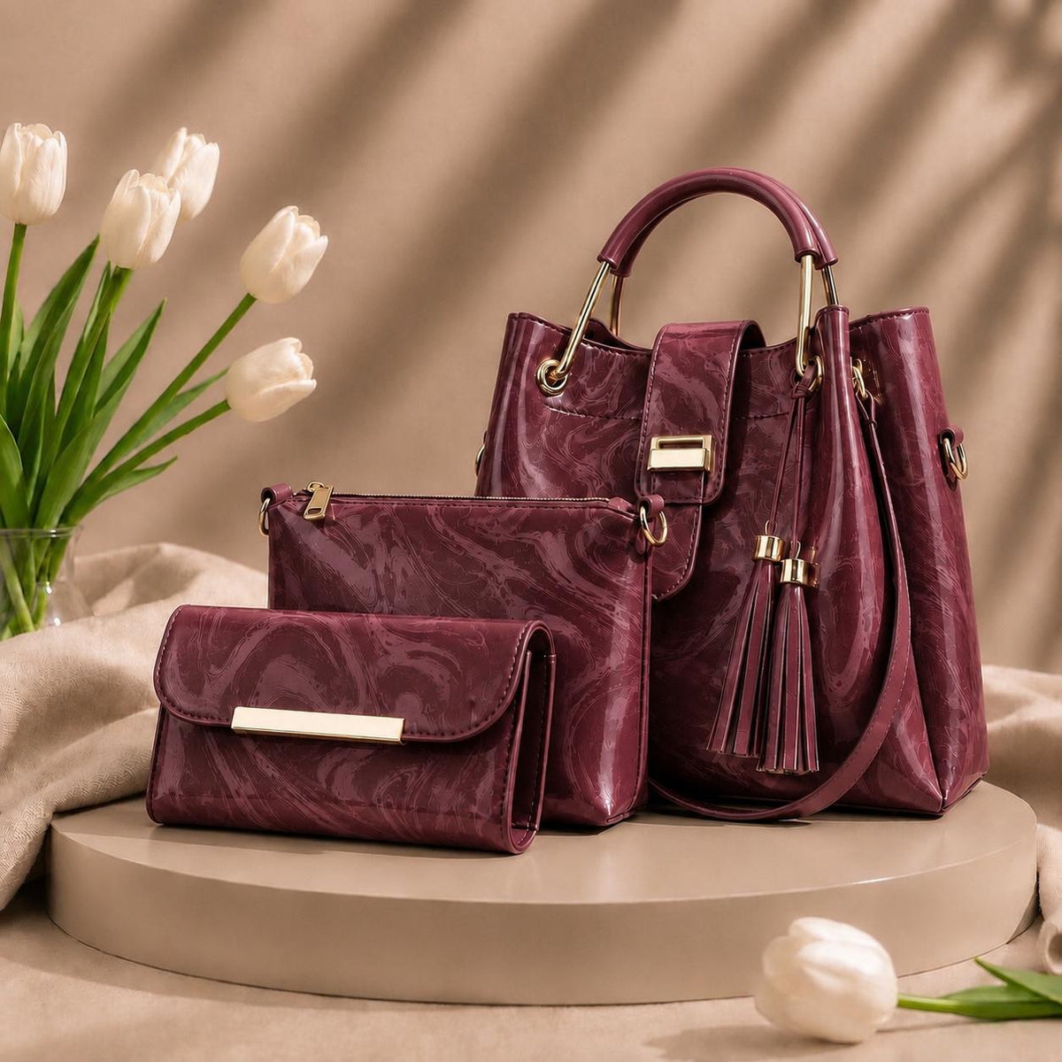 New 3 Pcs Luxury Women Handbag Set | Premium Leather Tote Bag with Shoulder Bag & Wallet | Stylish Designer Purse Set | All Colours | Fast Shipment