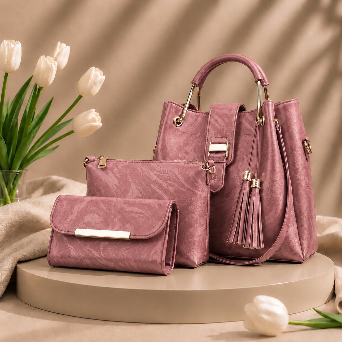 New 3 Pcs Luxury Women Handbag Set | Premium Leather Tote Bag with Shoulder Bag & Wallet | Stylish Designer Purse Set | All Colours | Fast Shipment