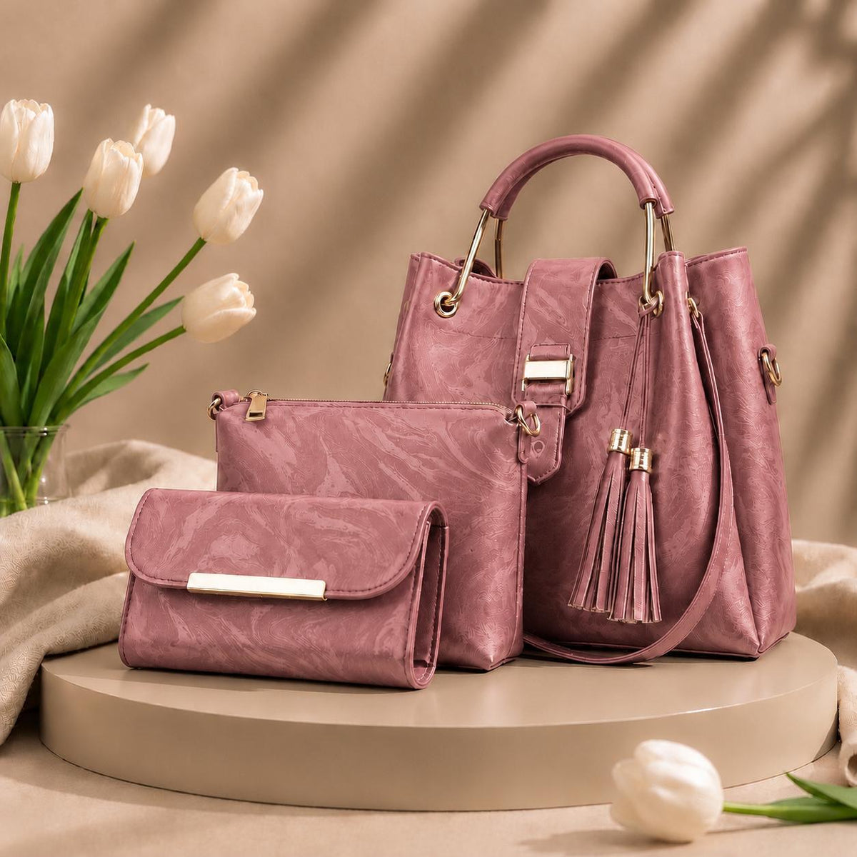 New 3 Pcs Luxury Women Handbag Set | Premium Leather Tote Bag with Shoulder Bag & Wallet | Stylish Designer Purse Set | All Colours | Fast Shipment