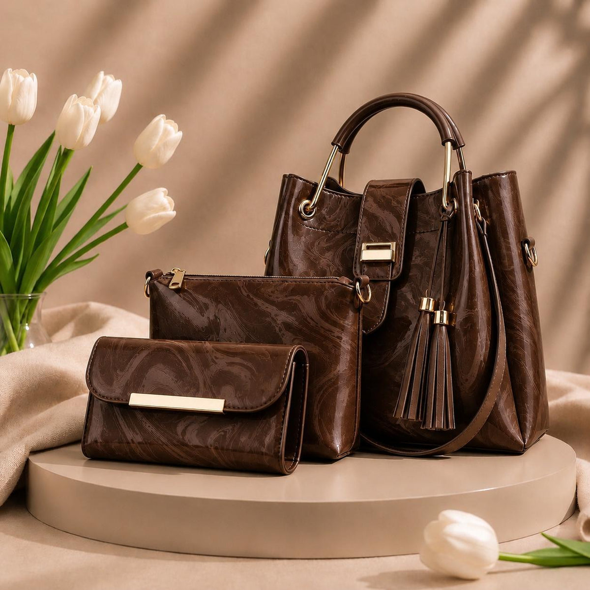 New 3 Pcs Luxury Women Handbag Set | Premium Leather Tote Bag with Shoulder Bag & Wallet | Stylish Designer Purse Set | All Colours | Fast Shipment