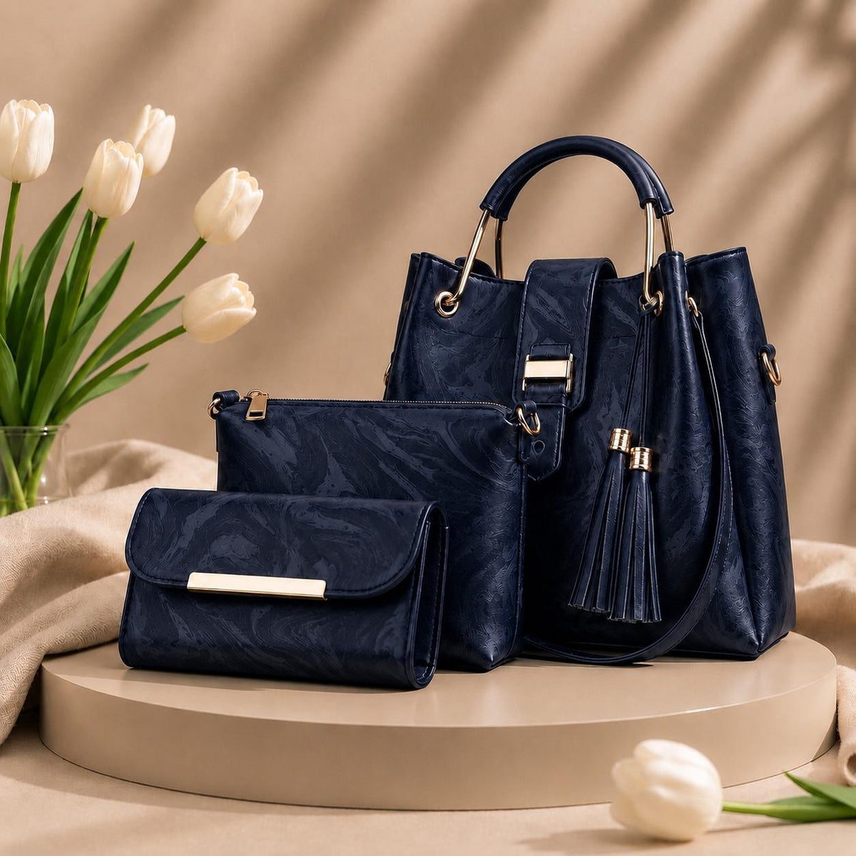 New 3 Pcs Luxury Women Handbag Set | Premium Leather Tote Bag with Shoulder Bag & Wallet | Stylish Designer Purse Set | All Colours | Fast Shipment