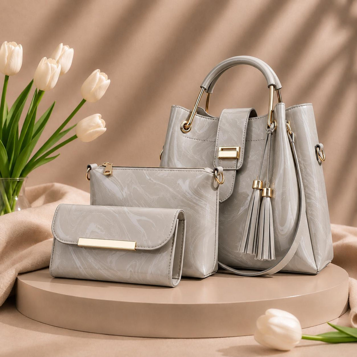 New 3 Pcs Luxury Women Handbag Set | Premium Leather Tote Bag with Shoulder Bag & Wallet | Stylish Designer Purse Set | All Colours | Fast Shipment