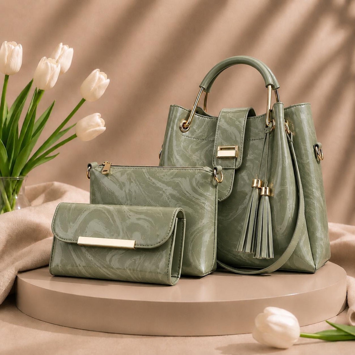 New 3 Pcs Luxury Women Handbag Set | Premium Leather Tote Bag with Shoulder Bag & Wallet | Stylish Designer Purse Set | All Colours | Fast Shipment